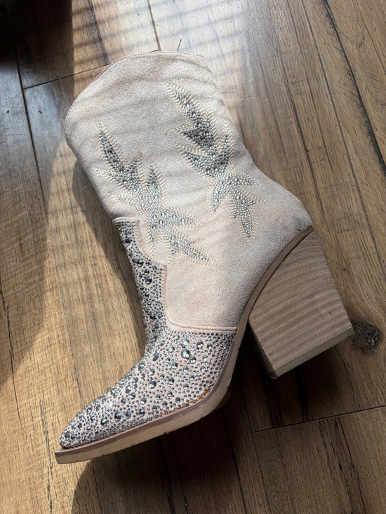 Very G Shoes - Very G Beige Suede Crystal Embellished Western Ankle Boot